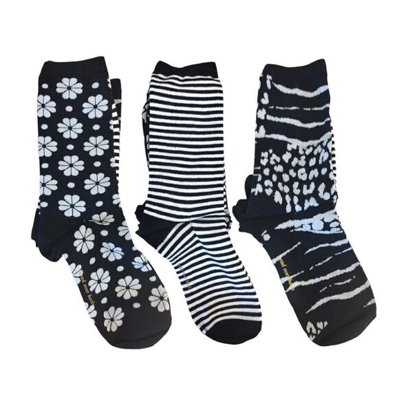 Kate Spade 3 Pairs Black White Floral Animal Prints Crew Socks NWT - Picture 2 of 10